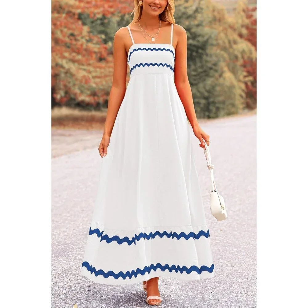 Women's White Blue Casual Sleeveless Spaghetti Strap Ruffle Beach Maxi Dress